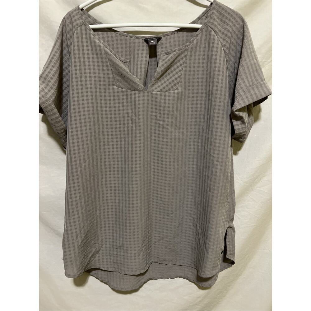 EDDIE BAUER Blouse Womens XL Gray Checked Semi Sheer Short Sleeve V-neck Popover